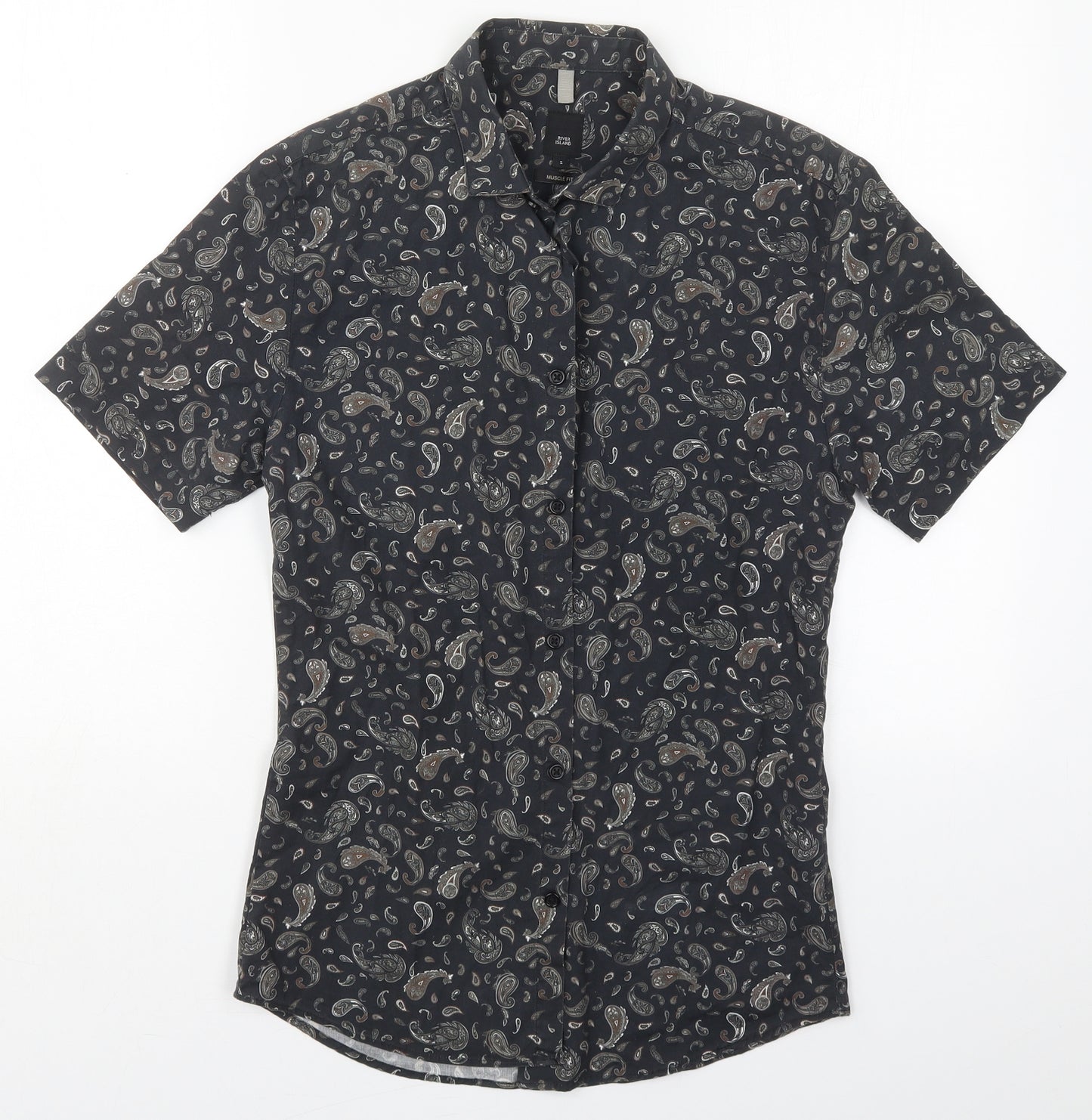 River Island Mens Green Paisley Cotton  Button-Up Size S Collared Button