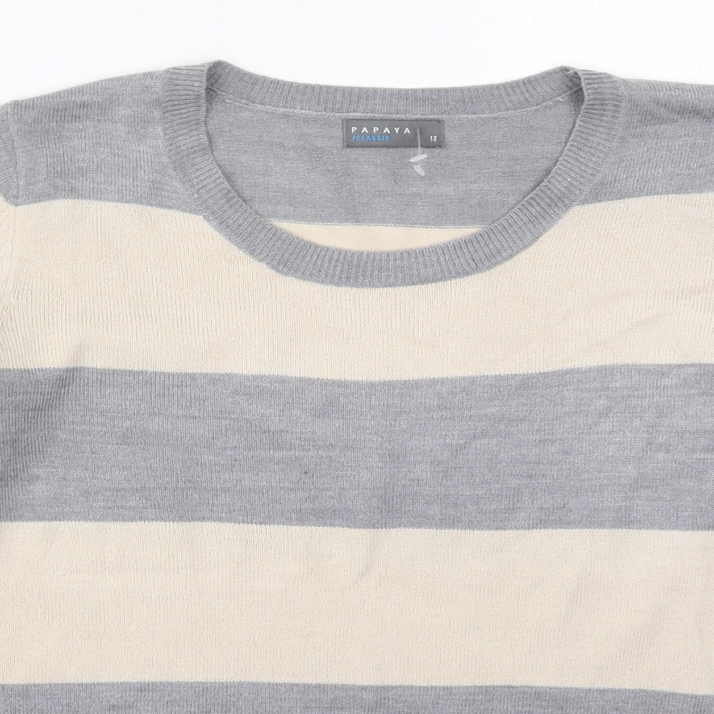 Papaya Womens Grey Crew Neck Striped Acrylic Pullover Jumper Size 12