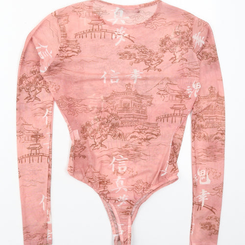 PRETTYLITTLETHING Womens Pink  Polyester Bodysuit One-Piece Size 12  Button - Chinese Prints