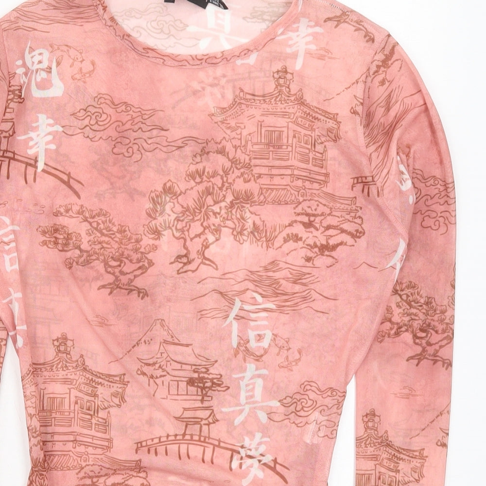 PRETTYLITTLETHING Womens Pink  Polyester Bodysuit One-Piece Size 12  Button - Chinese Prints