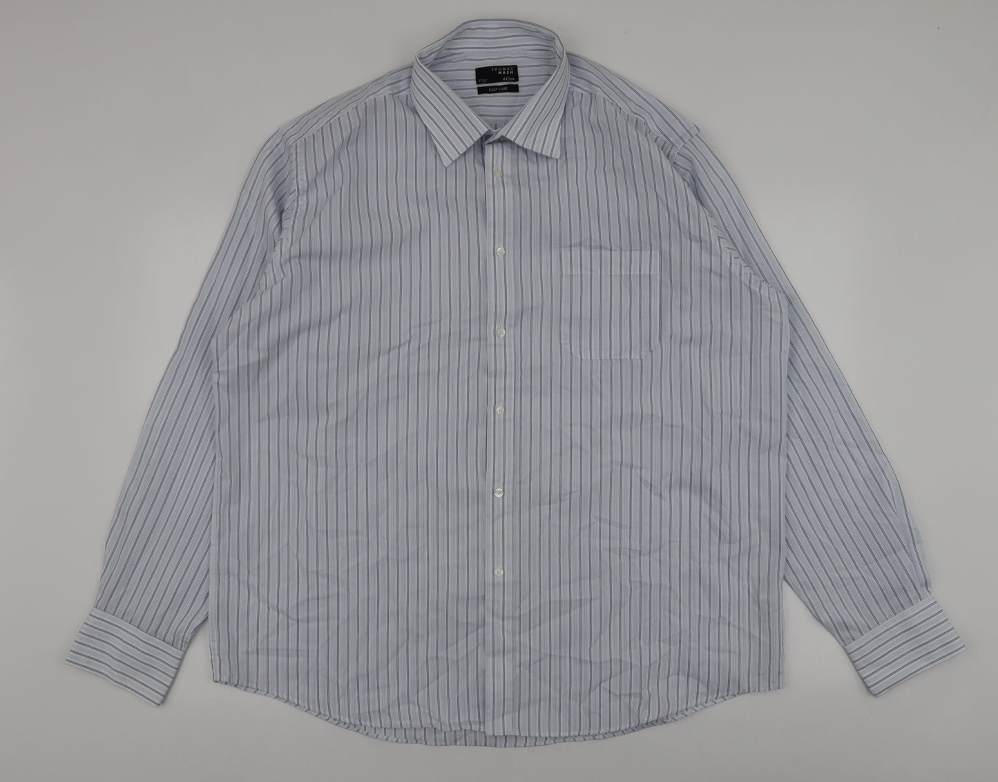 Thomas Nash Mens Blue Striped Polyester  Dress Shirt Size 17.5 Collared Button