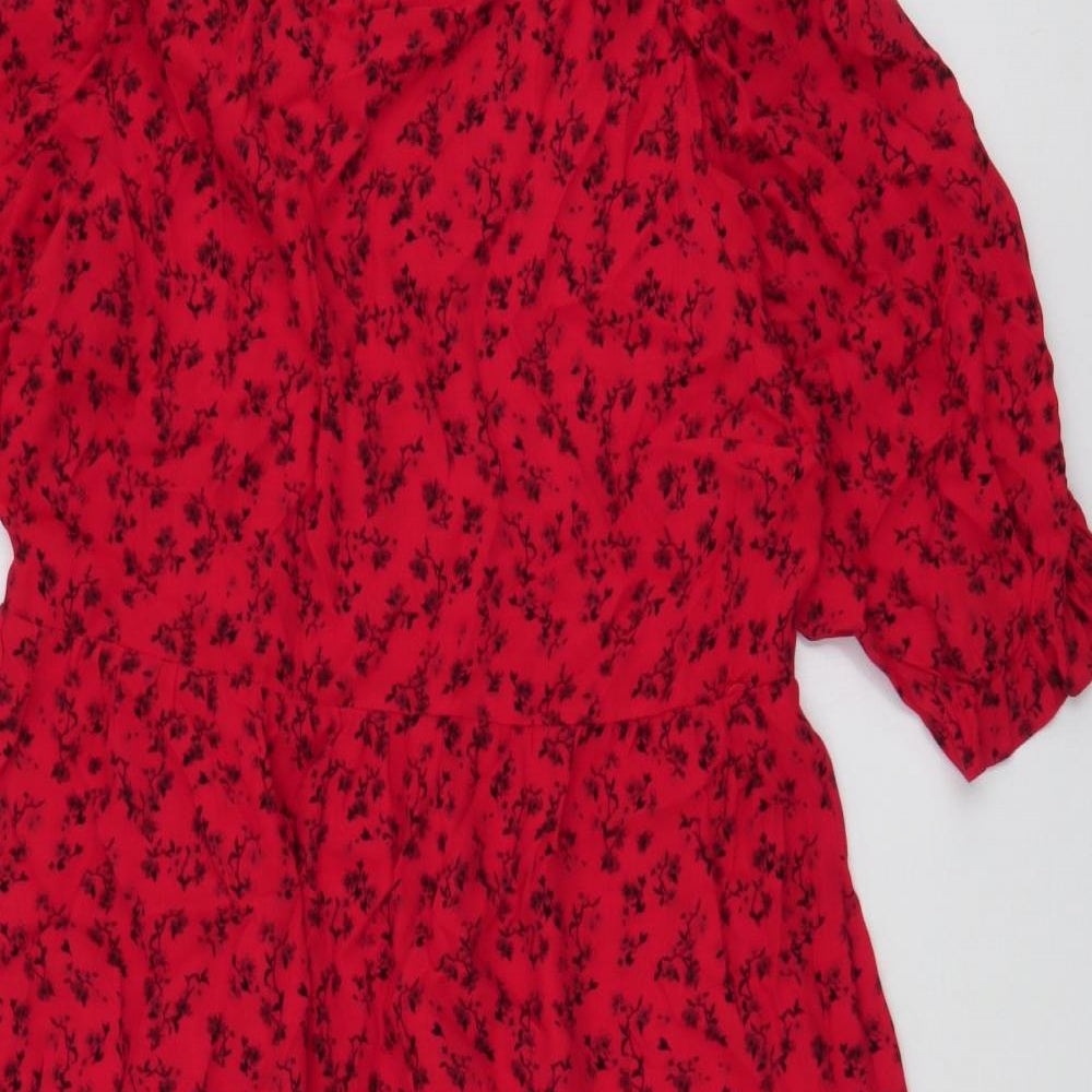 New Look Womens Red Floral Viscose Trapeze & Swing  Size 10  Round Neck Button