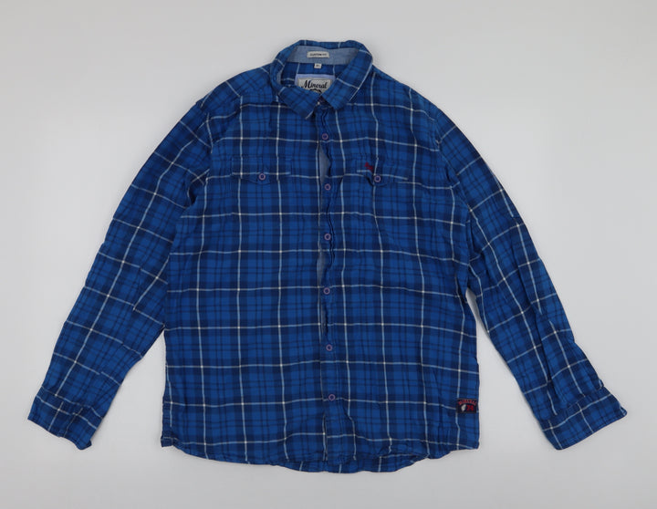 Mineral Mens Blue Plaid Cotton Button-Up Size XL Collared Button