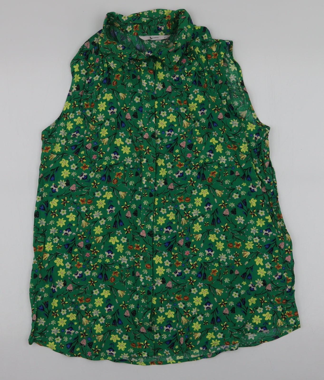 TU Womens Green Floral Viscose Basic Blouse Size 16 Collared