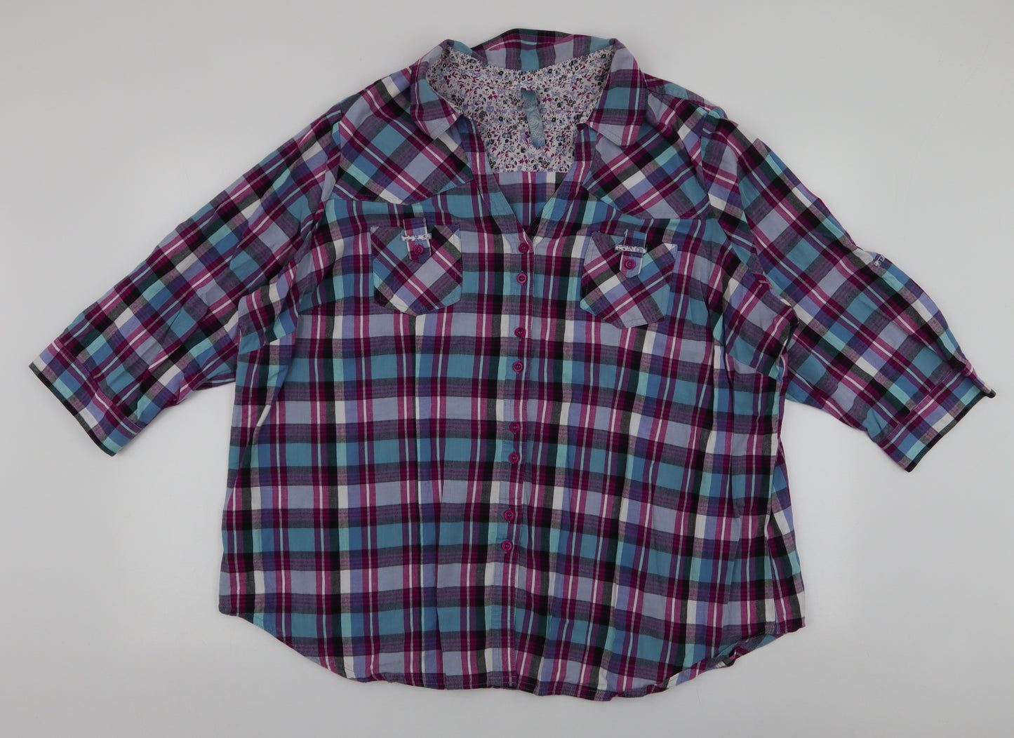 Preworn Womens Multicoloured Plaid 100% Cotton Jersey Button-Up Size 26 V-Neck