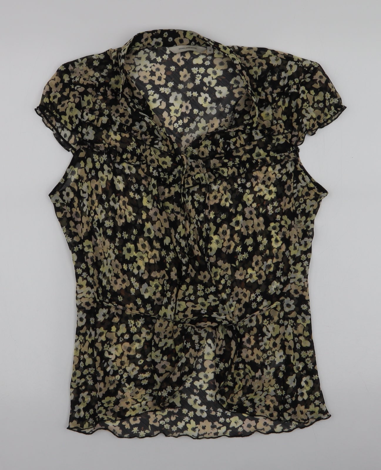 John Rocha Womens Black Floral Polyester Basic Blouse Size 16 V-Neck
