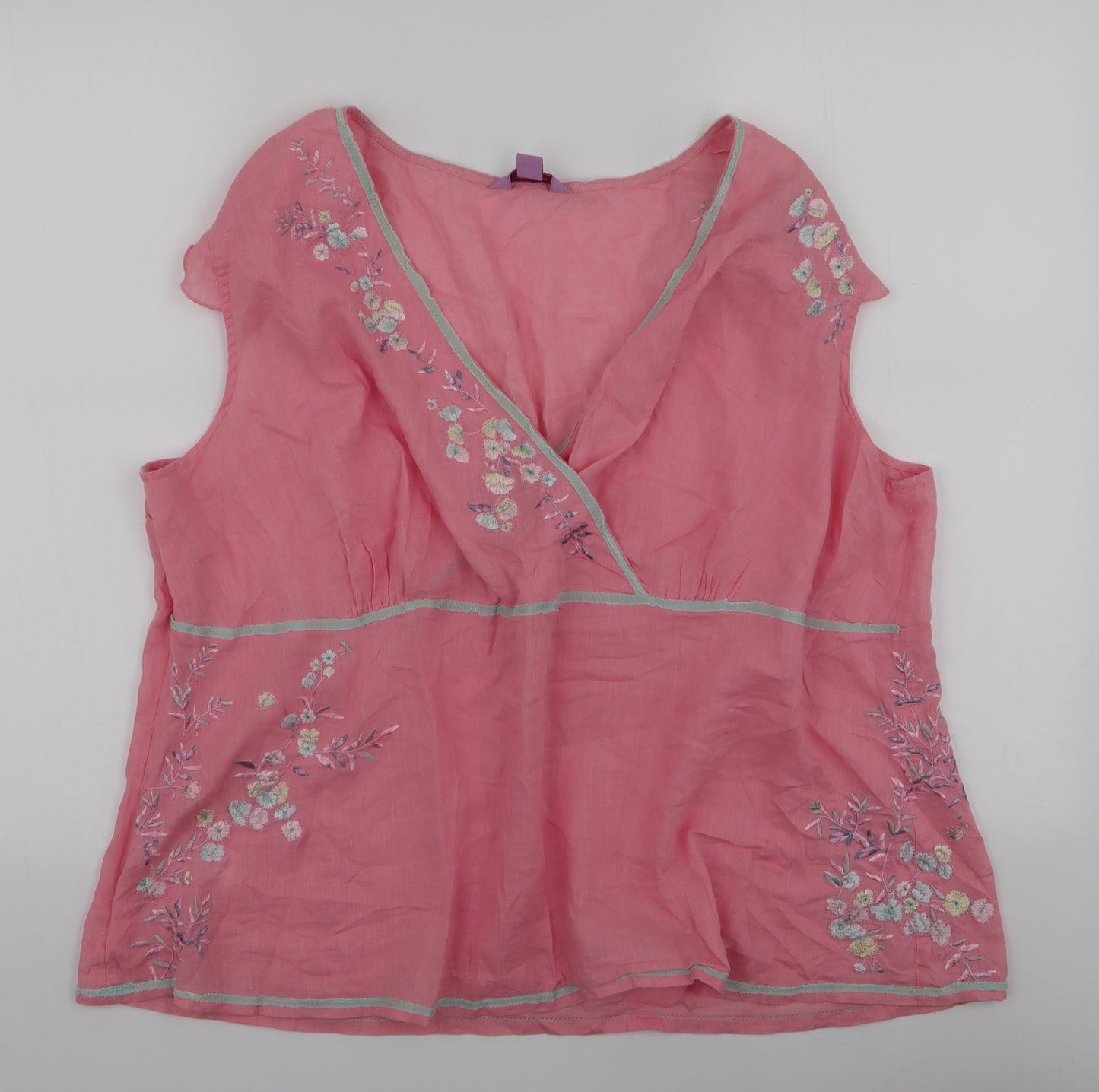 Monsoon Womens Pink Floral Linen Basic Blouse Size 22 V-Neck