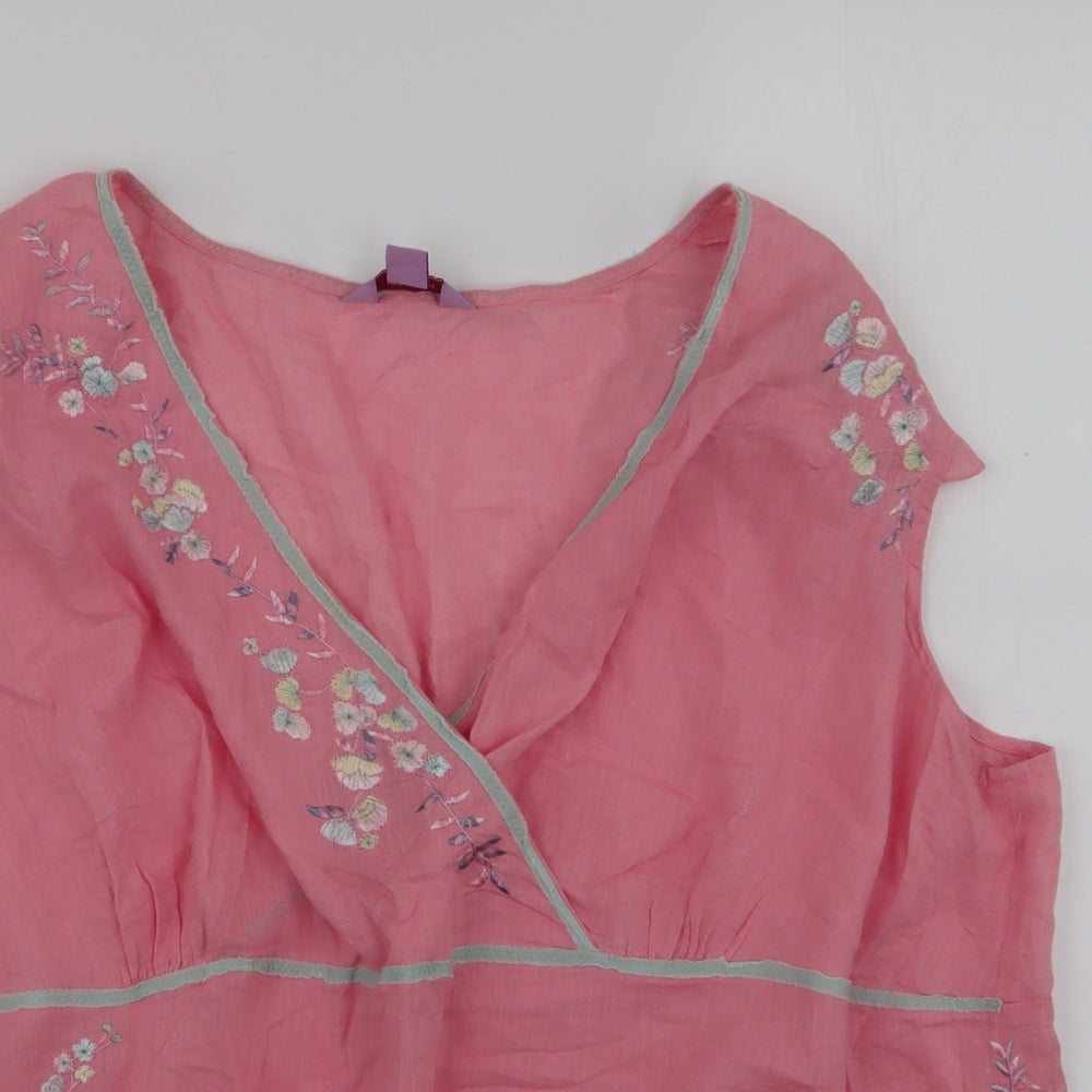Monsoon Womens Pink Floral Linen Basic Blouse Size 22 V-Neck