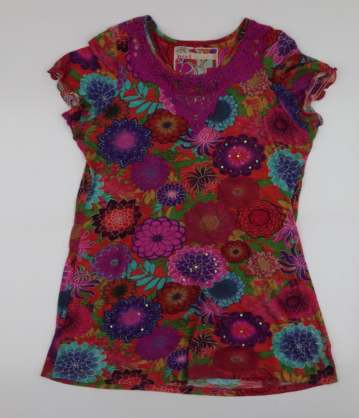 NEXT Womens Multicoloured Floral 100% Cotton Jersey Blouse Size 14 Round Neck