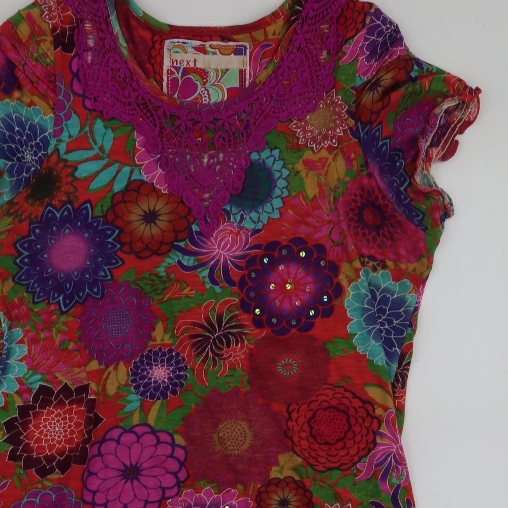 NEXT Womens Multicoloured Floral 100% Cotton Jersey Blouse Size 14 Round Neck