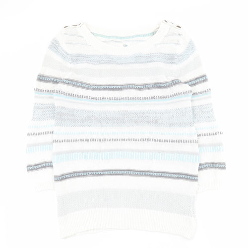 Mataray Womens White Boat Neck Striped 100% Cotton Pullover Jumper Size 10