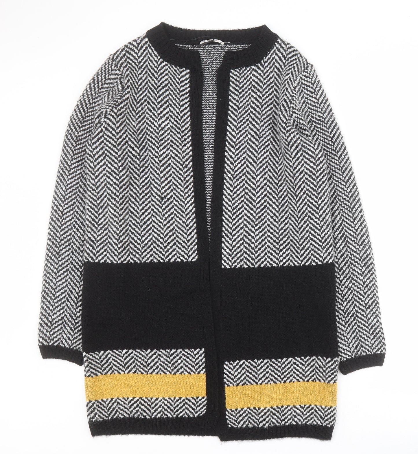 TU Womens Black V-Neck Striped Acrylic Cardigan Jumper Size 12
