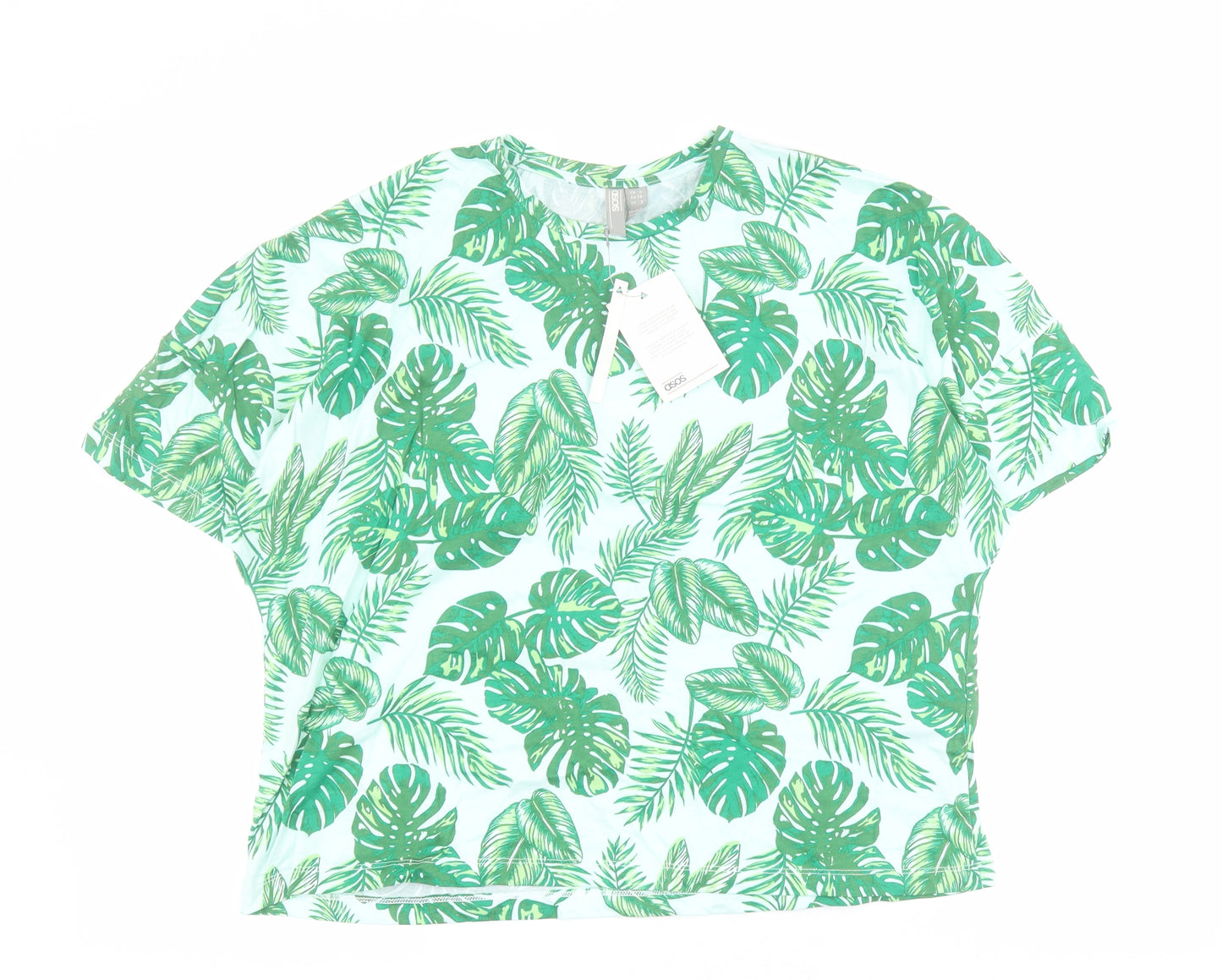 ASOS Womens Green  100% Cotton Cropped T-Shirt Size 6 Round Neck - Leaf print
