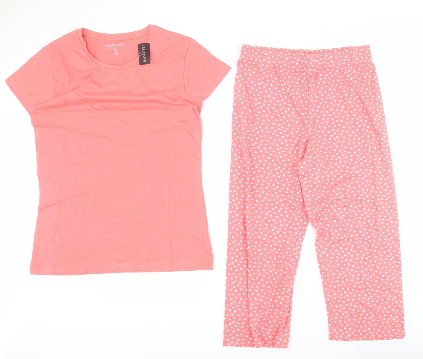 Dunnes Womens Pink Polka Dot 100% Cotton Top Pyjama Set Size XS
