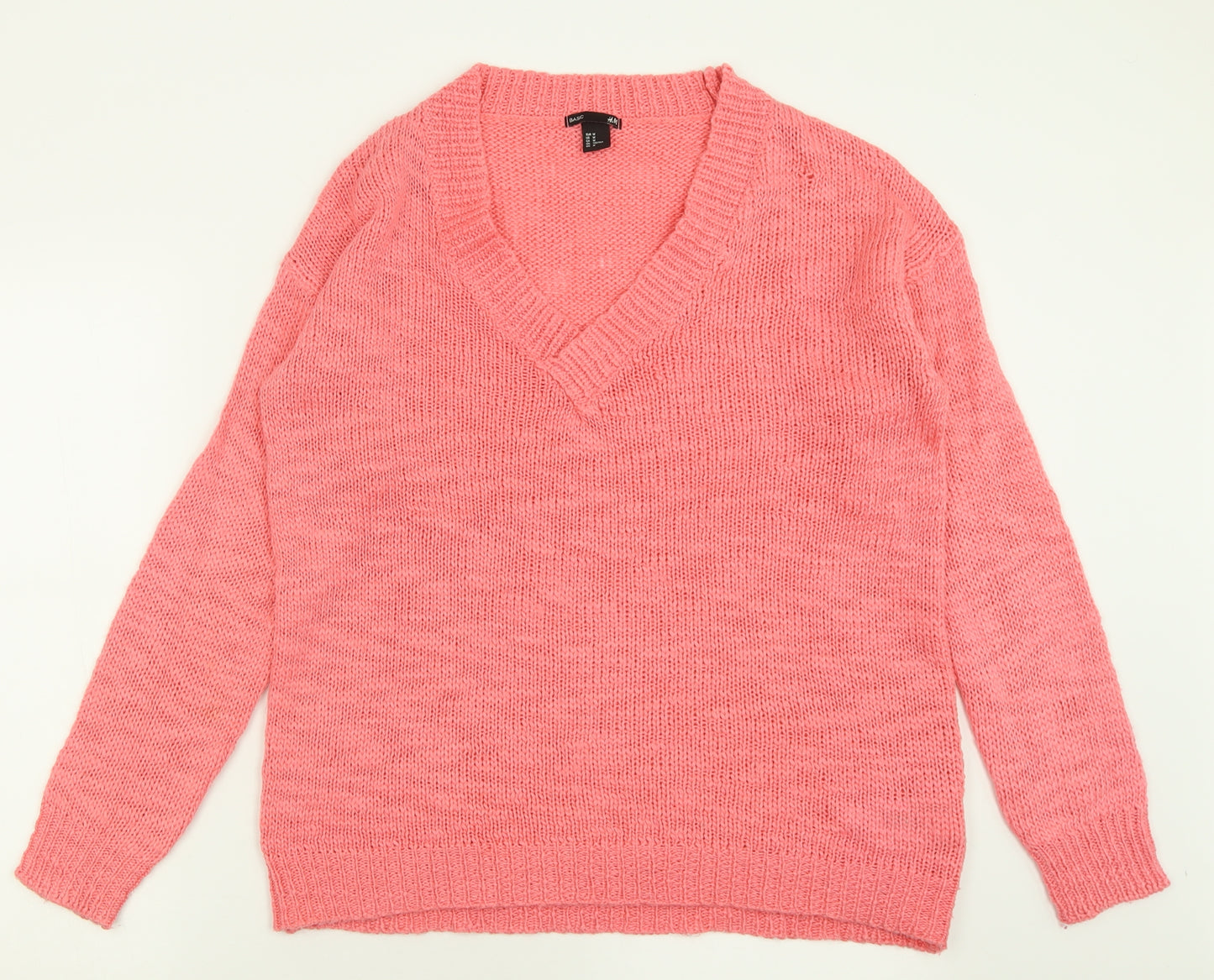 H&M Womens Pink V-Neck  Acrylic Pullover Jumper Size M