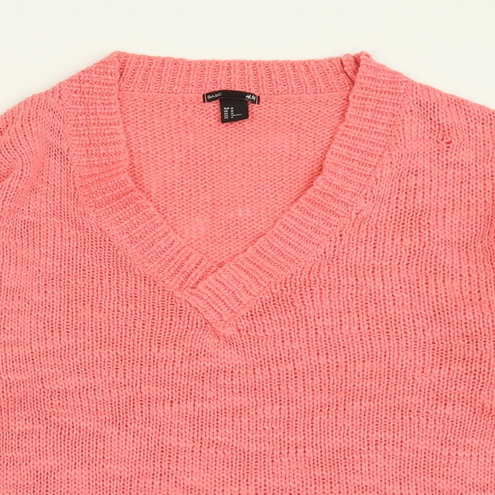 H&M Womens Pink V-Neck  Acrylic Pullover Jumper Size M
