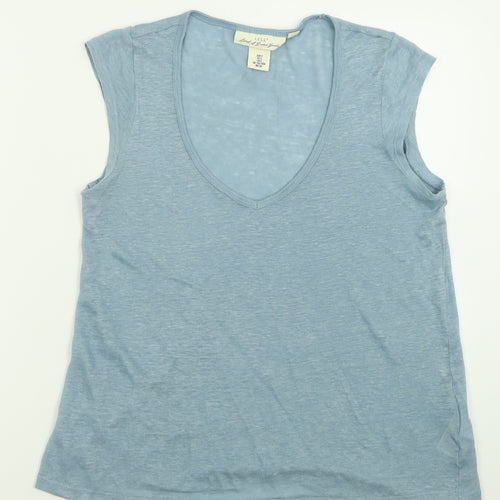 H&M Womens Blue  Linen Basic T-Shirt Size S V-Neck