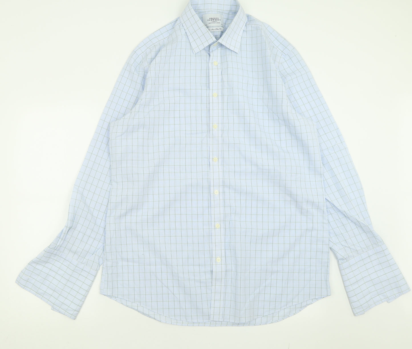 Charles Tyrwhitt Mens Blue Plaid Polyester  Button-Up Size 17 Collared Button