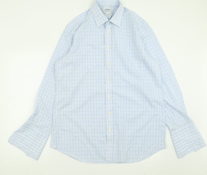 Charles Tyrwhitt Mens Blue Plaid Polyester Button-Up Size 17 Collared Button