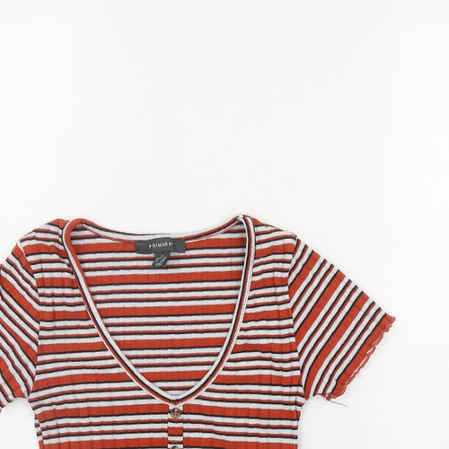 Primark Womens Orange Striped Polyester Basic T-Shirt Size XS V-Neck