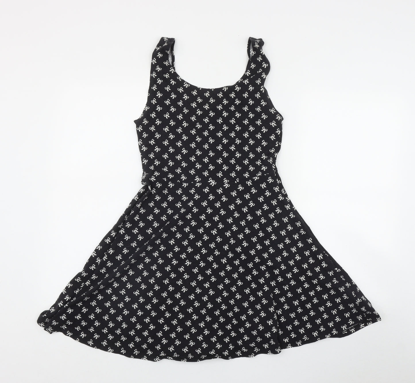 New Look Womens Black Geometric Cotton Fit & Flare  Size 10  Scoop Neck Pullover - Bow Print