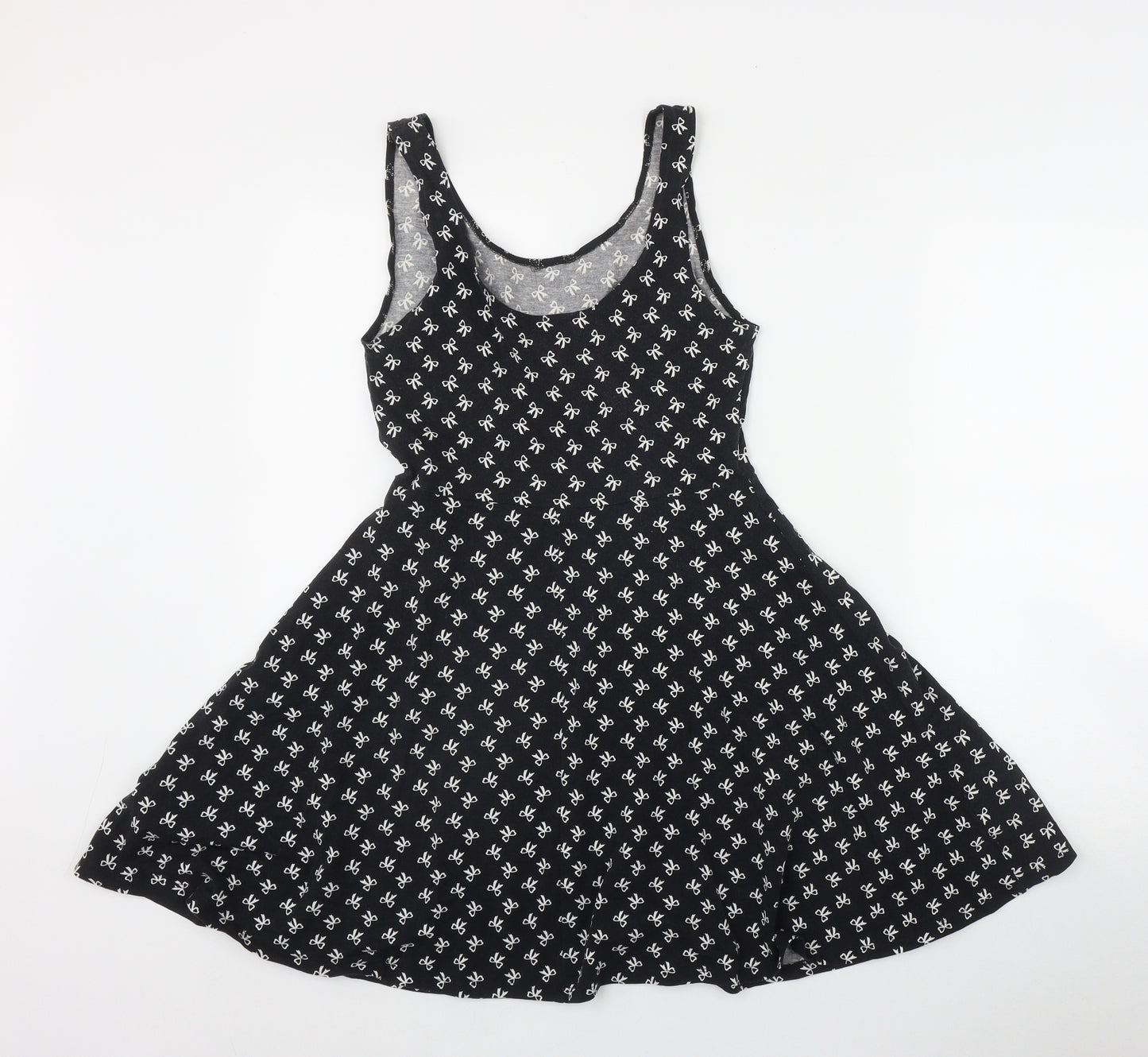 New Look Womens Black Geometric Cotton Fit & Flare  Size 10  Scoop Neck Pullover - Bow Print