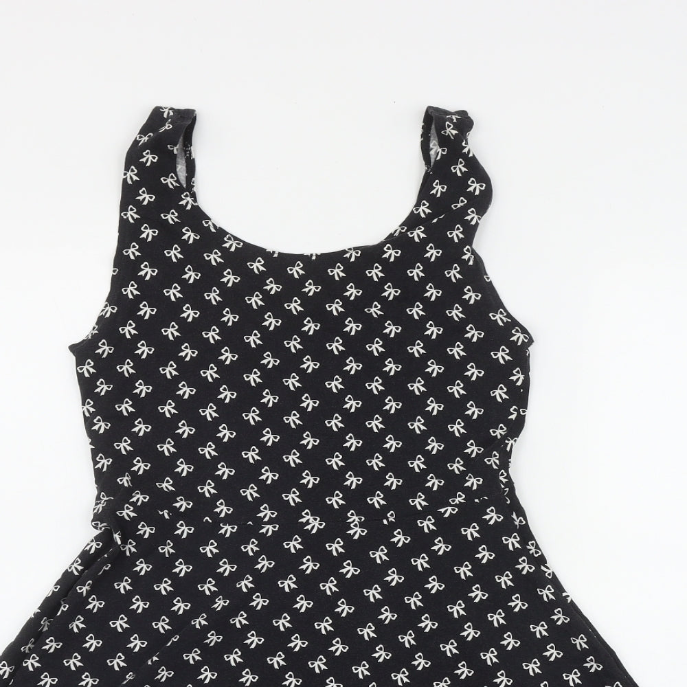 New Look Womens Black Geometric Cotton Fit & Flare  Size 10  Scoop Neck Pullover - Bow Print