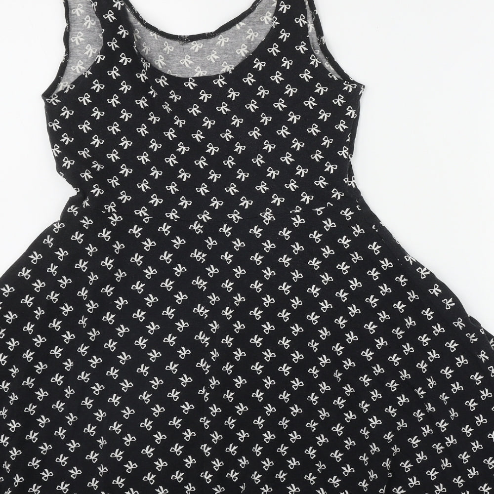 New Look Womens Black Geometric Cotton Fit & Flare  Size 10  Scoop Neck Pullover - Bow Print