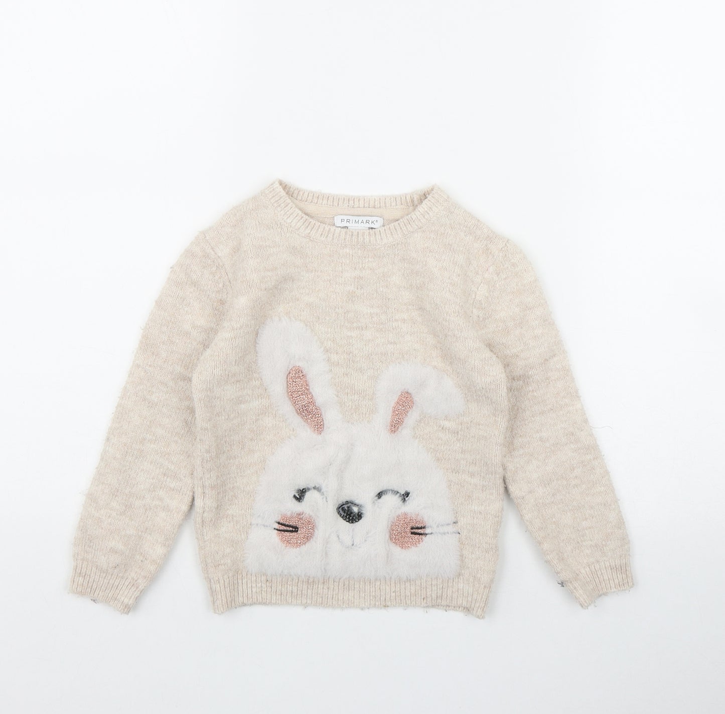 Primark Girls Beige Round Neck  Acrylic Pullover Jumper Size 4-5 Years  Pullover - Bunny