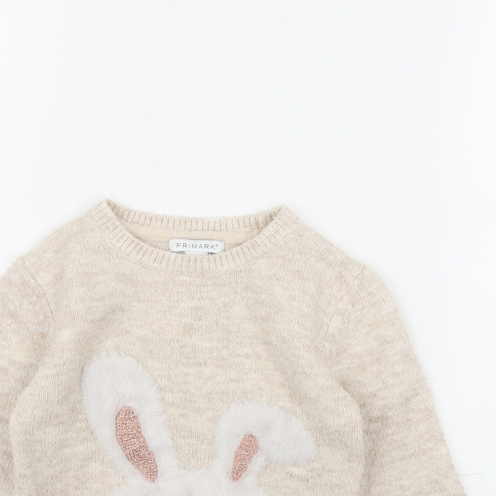 Primark Girls Beige Round Neck  Acrylic Pullover Jumper Size 4-5 Years  Pullover - Bunny
