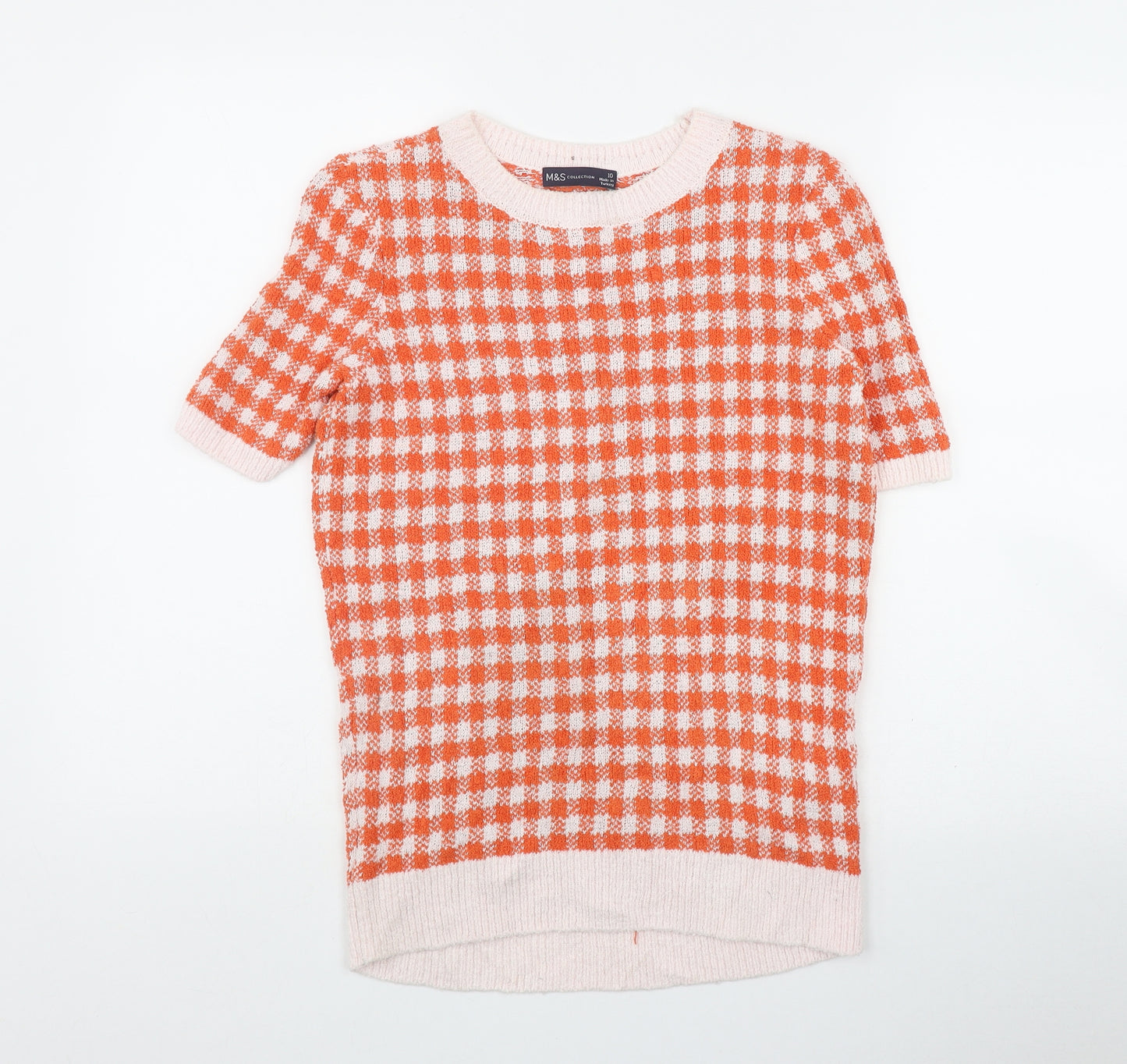 Marks and Spencer Womens Orange Round Neck Check Viscose Pullover Jumper Size 10