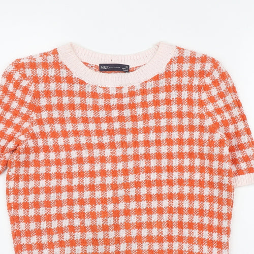 Marks and Spencer Womens Orange Round Neck Check Viscose Pullover Jumper Size 10
