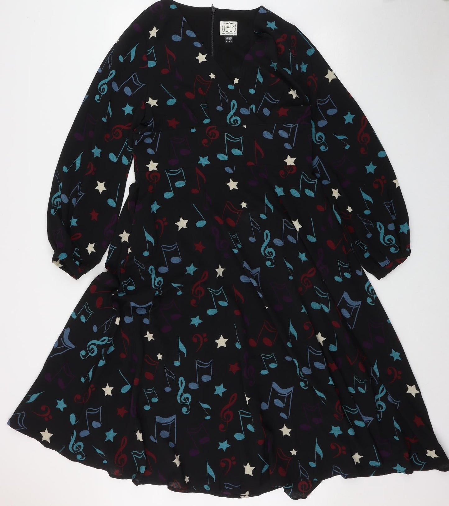 Joanie Womens Black Geometric Polyester Fit & Flare  Size 10  V-Neck Zip - Music Note Print