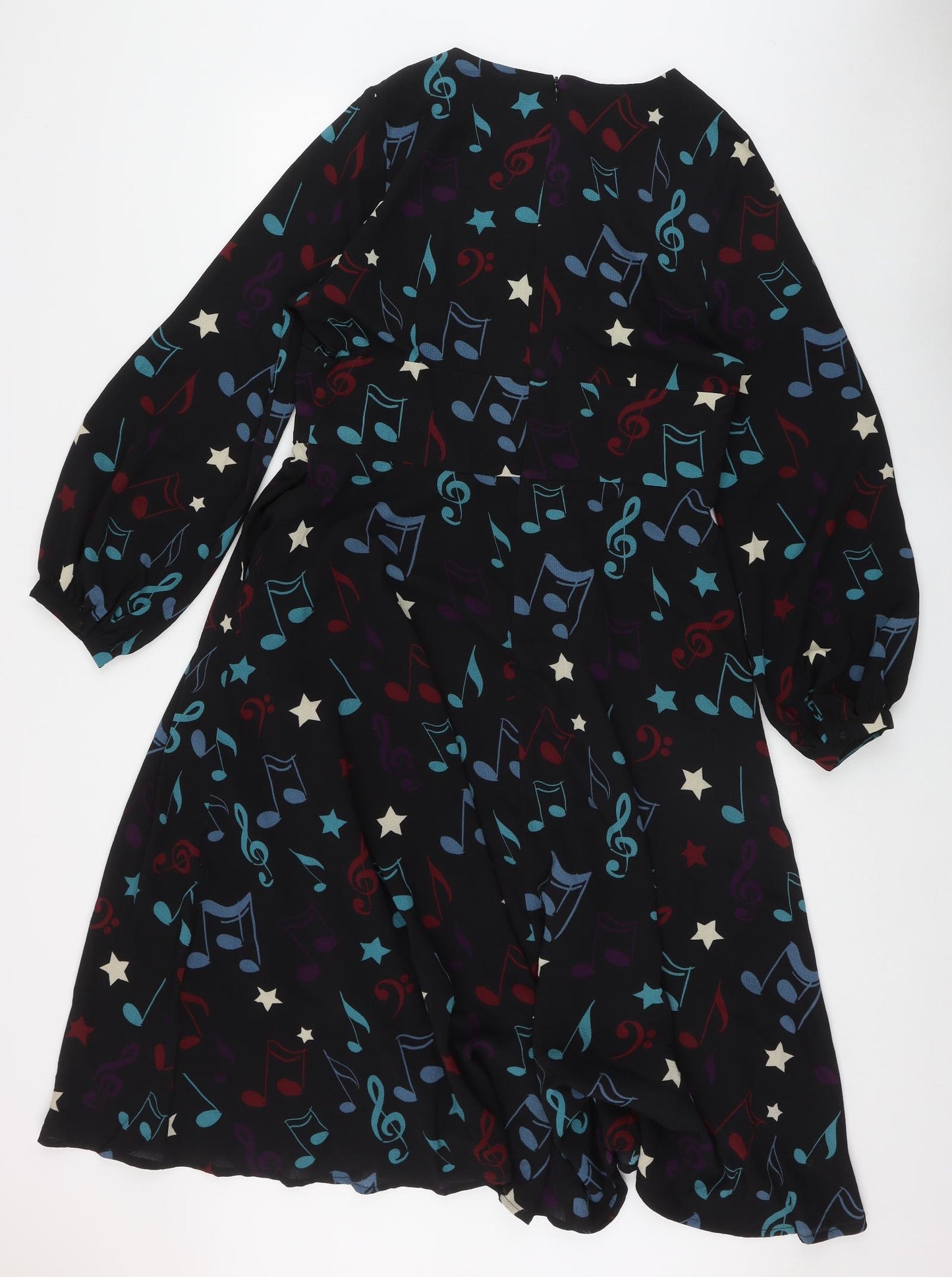 Joanie Womens Black Geometric Polyester Fit & Flare  Size 10  V-Neck Zip - Music Note Print