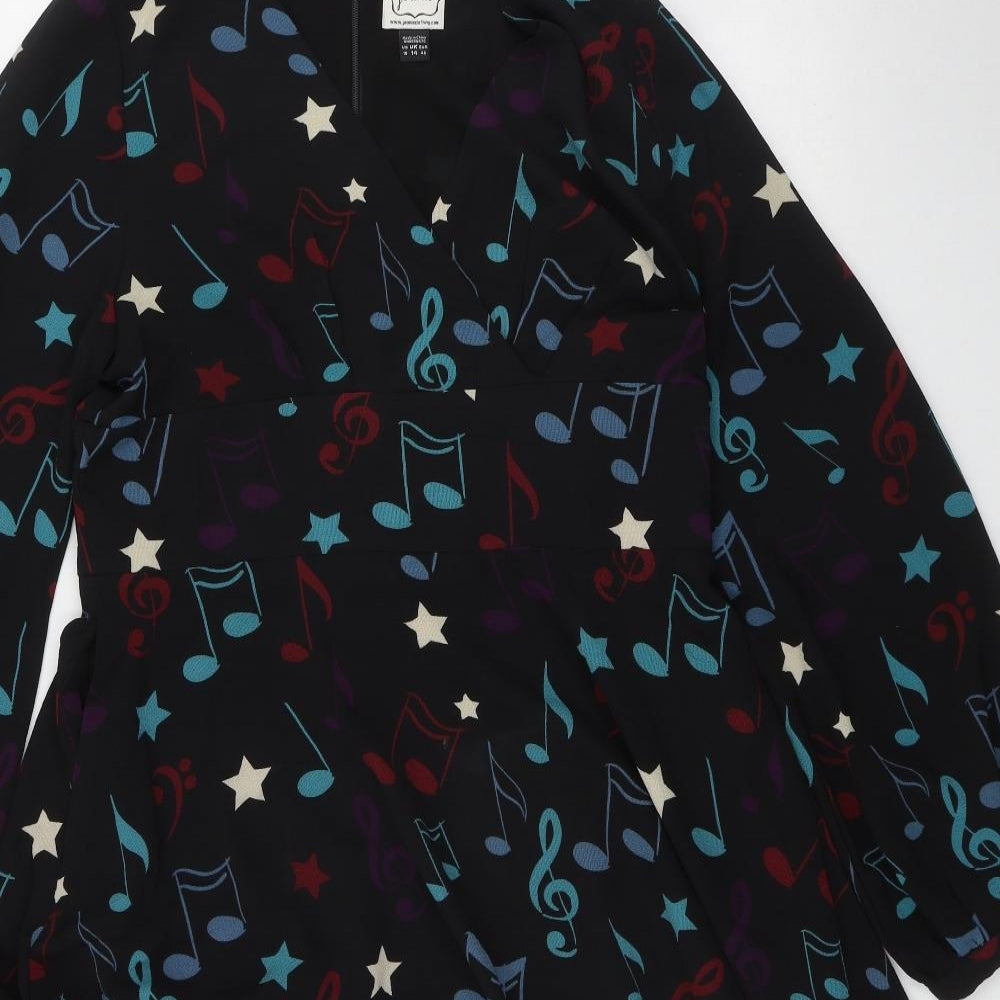 Joanie Womens Black Geometric Polyester Fit & Flare  Size 10  V-Neck Zip - Music Note Print