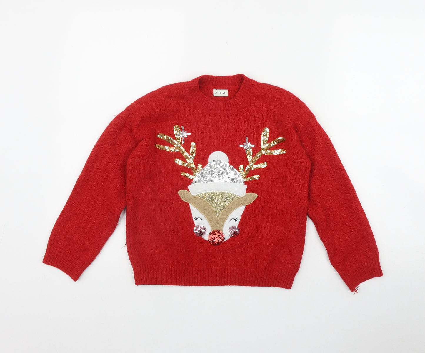 F&F Girls Red Round Neck  Polyester Pullover Jumper Size 8-9 Years  Pullover - Christmas