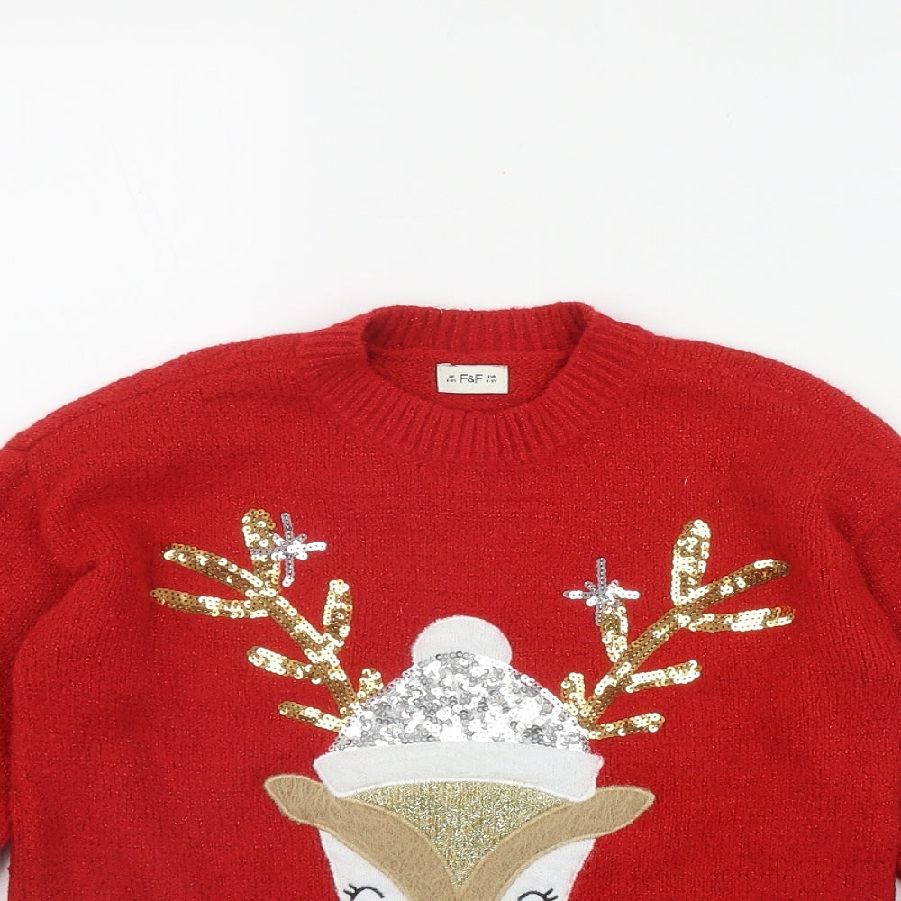 F&F Girls Red Round Neck  Polyester Pullover Jumper Size 8-9 Years  Pullover - Christmas