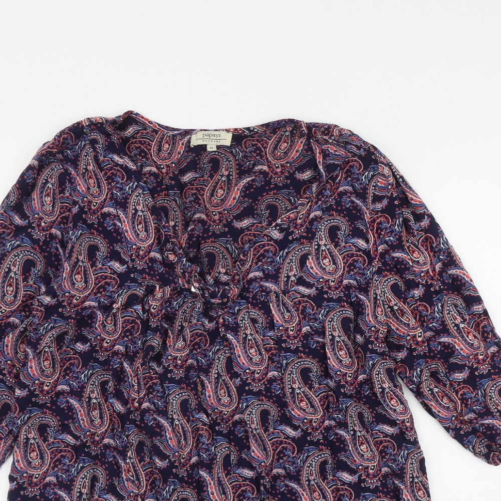 Papaya Womens Purple Paisley Viscose Basic Blouse Size M V-Neck