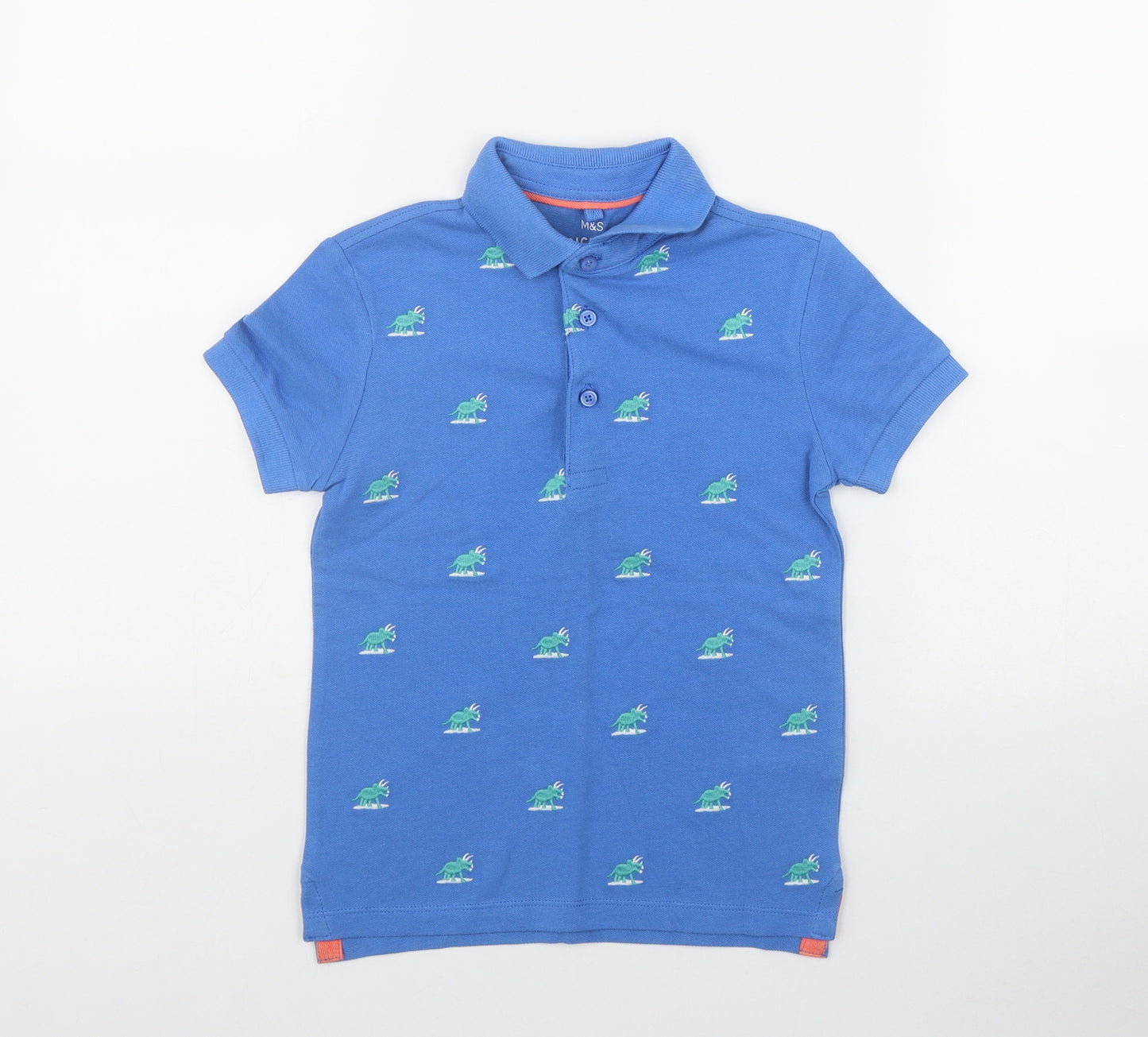 Marks and Spencer Boys Blue Geometric Cotton Basic Polo Size 5-6 Years Collared Pullover - Dinosaur Print