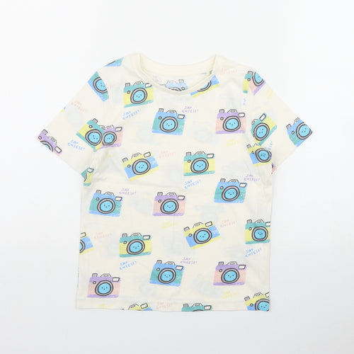 TU Boys Ivory Geometric Cotton Basic T-Shirt Size 5-6 Years Round Neck Pullover - Camera print