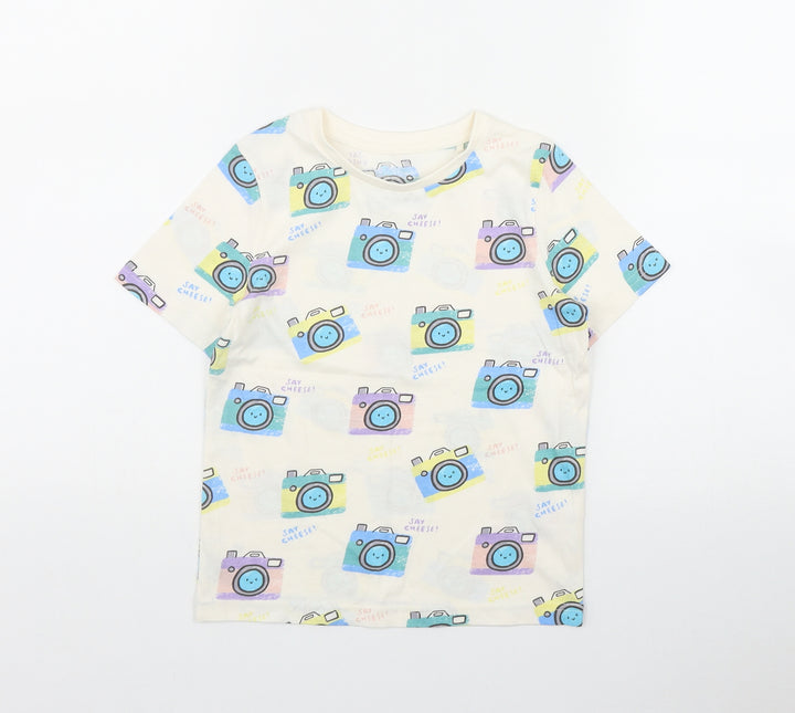 TU Boys Ivory Geometric Cotton Basic T-Shirt Size 5-6 Years Round Neck Pullover - Camera print