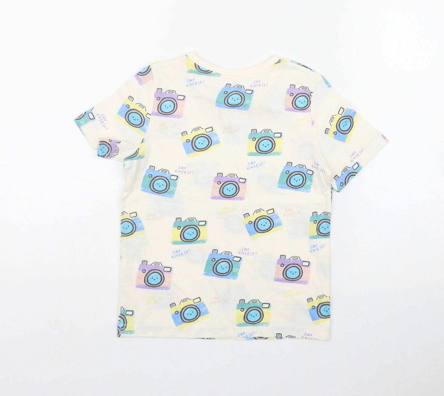 TU Boys Ivory Geometric Cotton Basic T-Shirt Size 5-6 Years Round Neck Pullover - Camera print