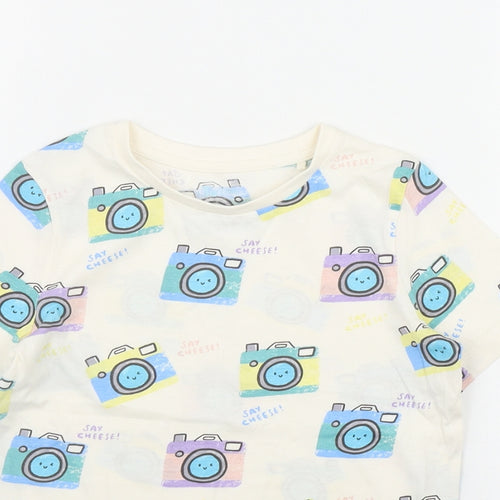 TU Boys Ivory Geometric Cotton Basic T-Shirt Size 5-6 Years Round Neck Pullover - Camera print