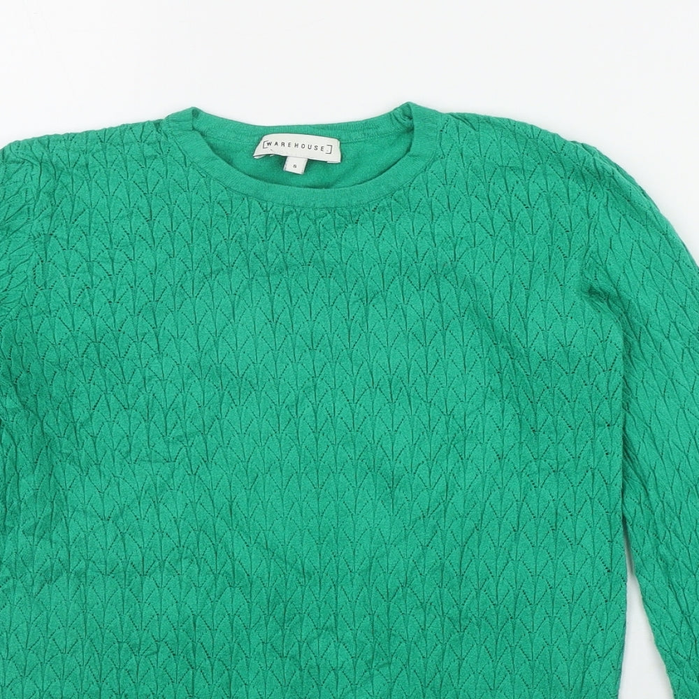 Warehouse Womens Green Round Neck  Viscose Pullover Jumper Size 8