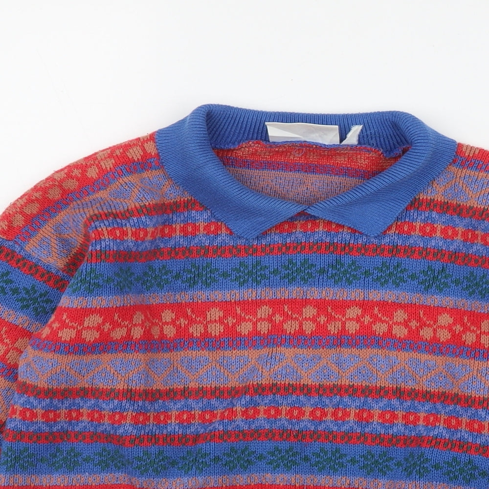 Highlander Womens Red Collared Fair Isle Cotton Pullover Jumper Size XS