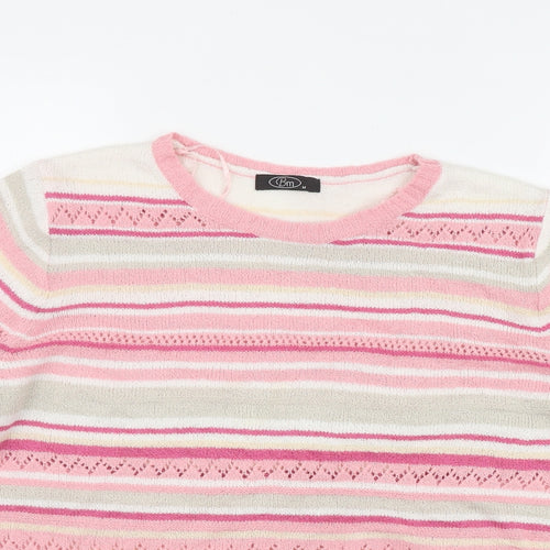 BM Womens Pink Round Neck Striped Acrylic Pullover Jumper Size M