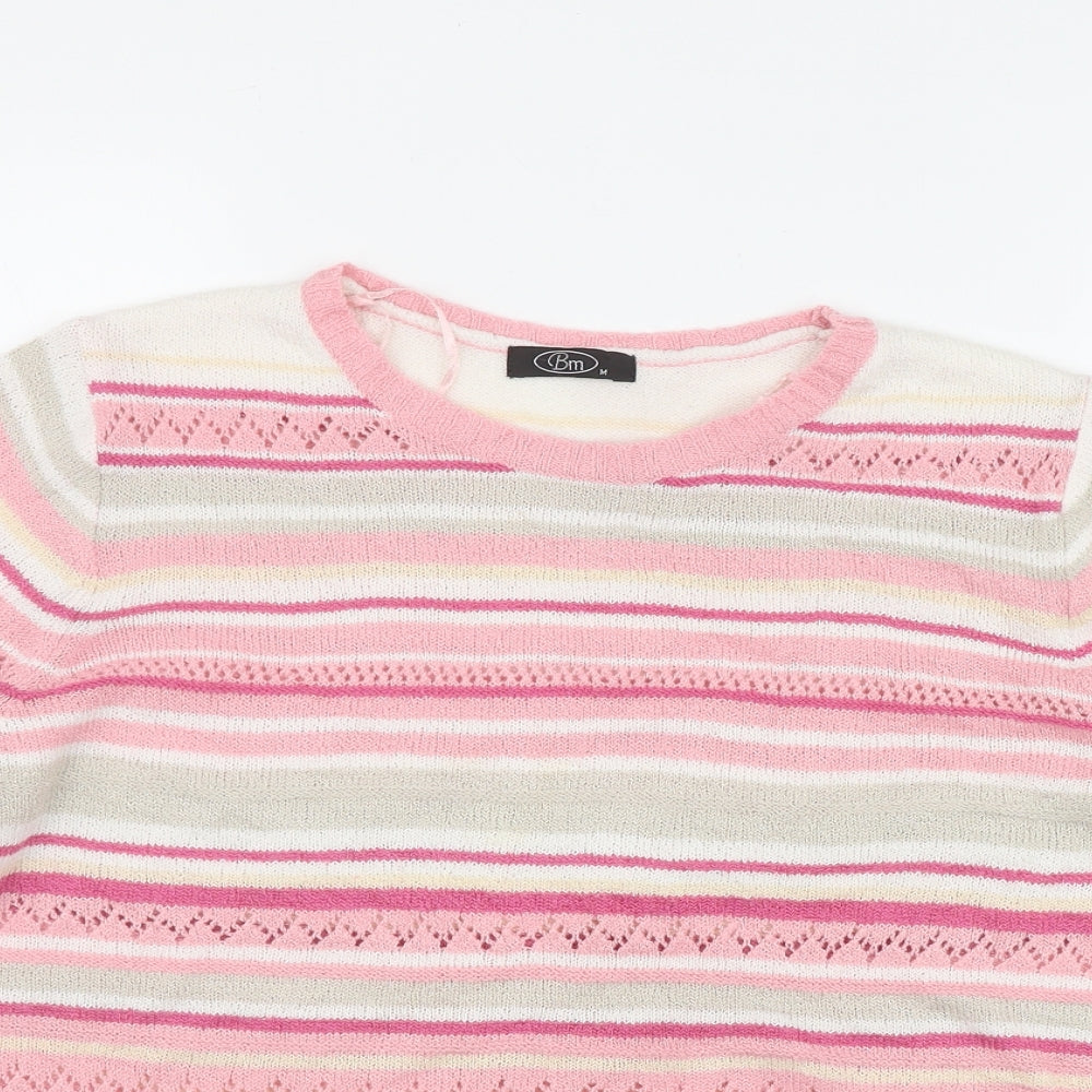 BM Womens Pink Round Neck Striped Acrylic Pullover Jumper Size M
