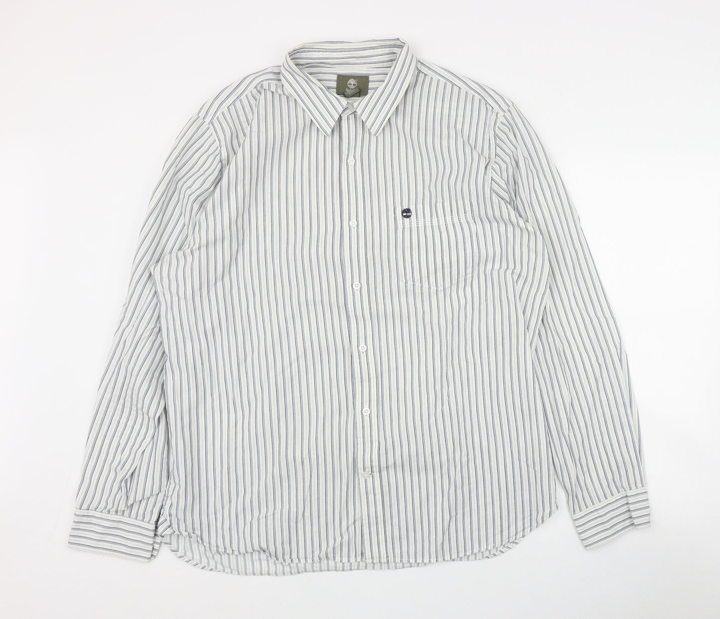 Timberland Mens White Striped Cotton  Button-Up Size XL Collared Button