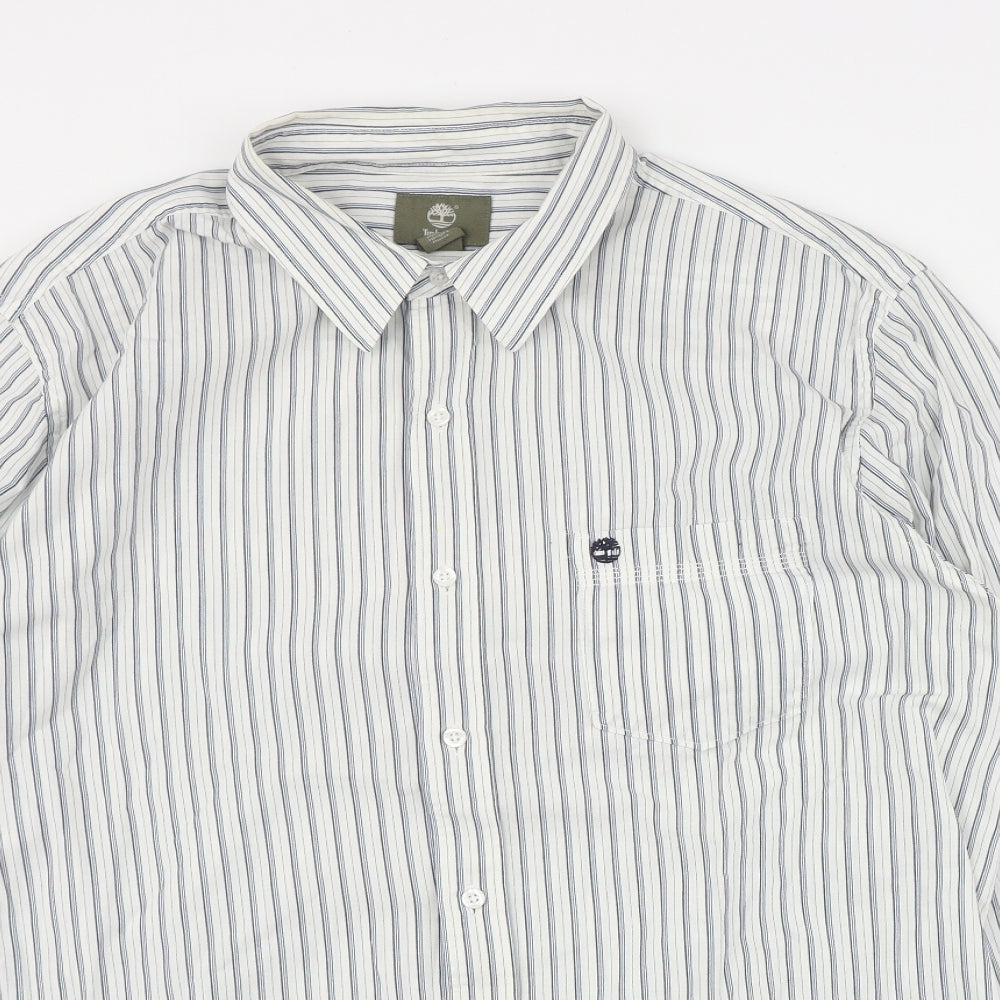 Timberland Mens White Striped Cotton  Button-Up Size XL Collared Button