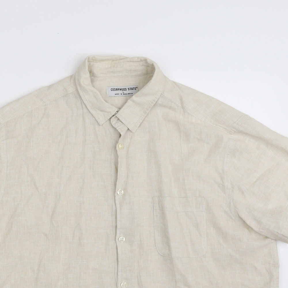 Cedar Wood State Mens Beige  Linen  Button-Up Size L Collared Button